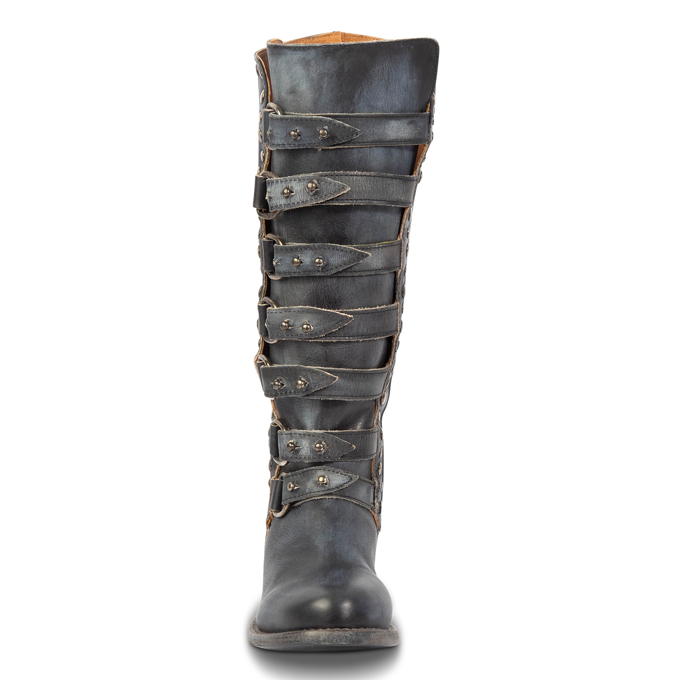 Front view showing FREEBIRD women's Rory navy leather boot with leather straps stacking up the front shaft and round toe