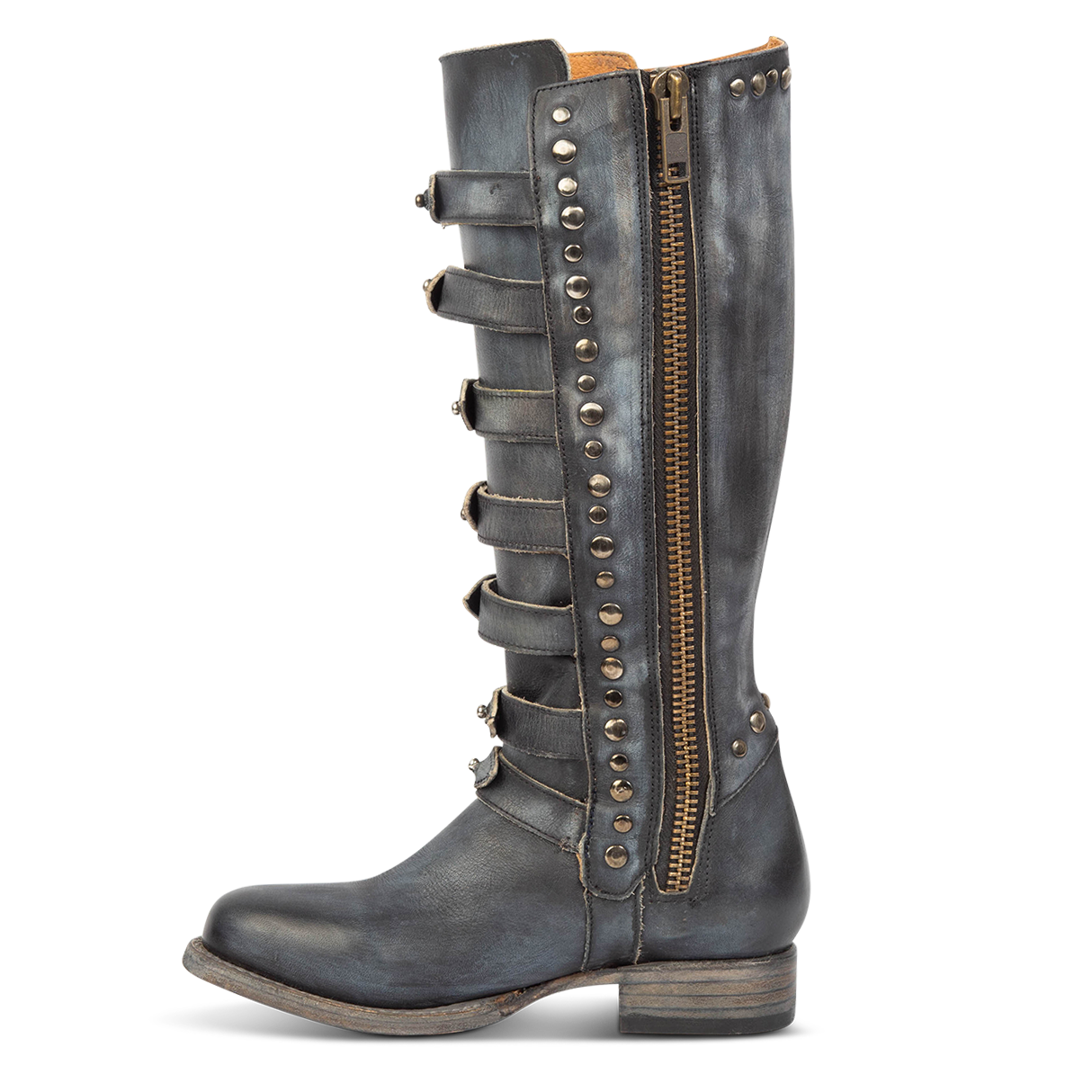 FREEBIRD women's Rory navy leather boot with leather straps stacking up the front shaft and inside zip closure 