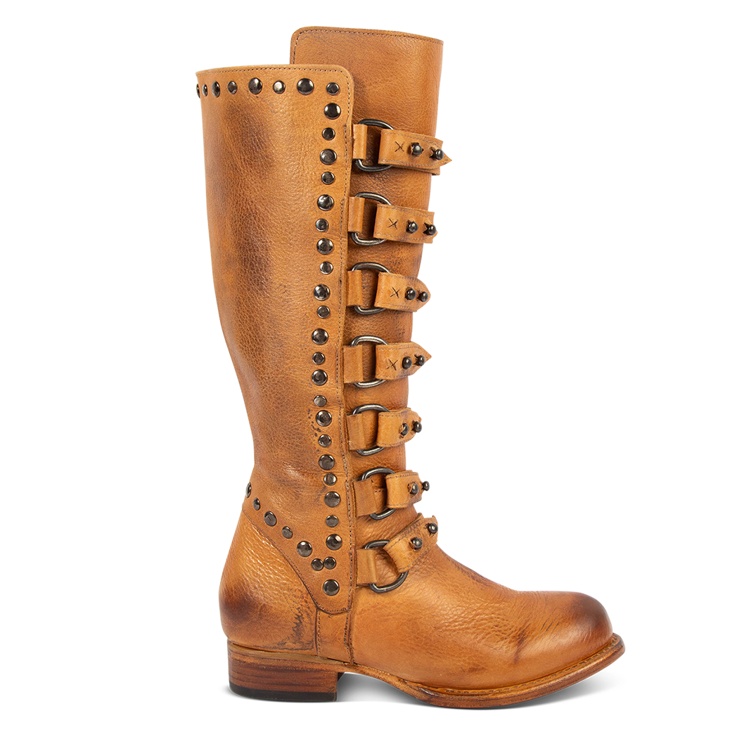 FREEBIRD women's Rory wheat leather boot with leather straps stacking up the front shaft and low block heel