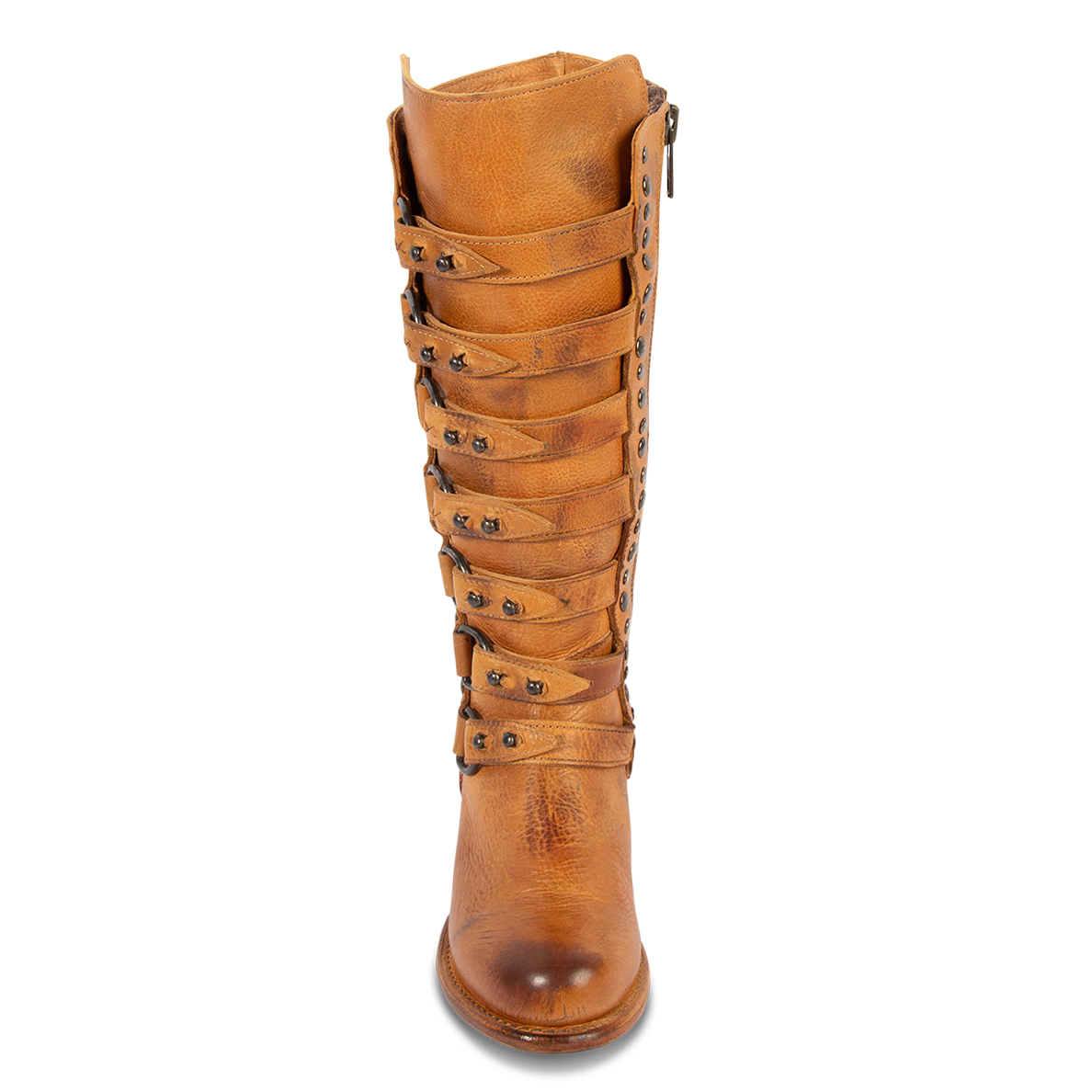 Front view showing FREEBIRD women's Rory wheat leather boot with leather straps stacking up the front shaft and round toe
