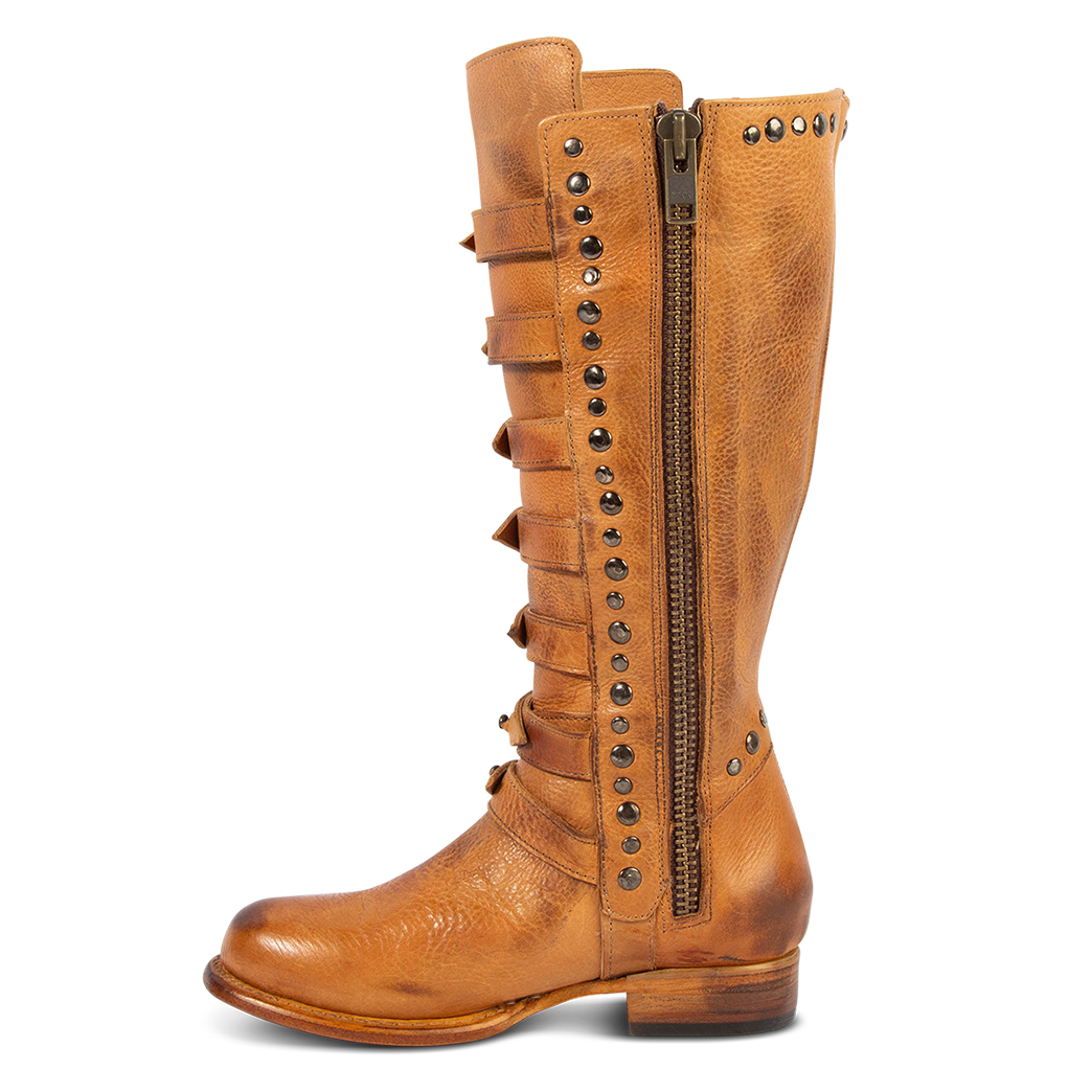 FREEBIRD women's Rory wheat leather boot with leather straps stacking up the front shaft and inside zip closure