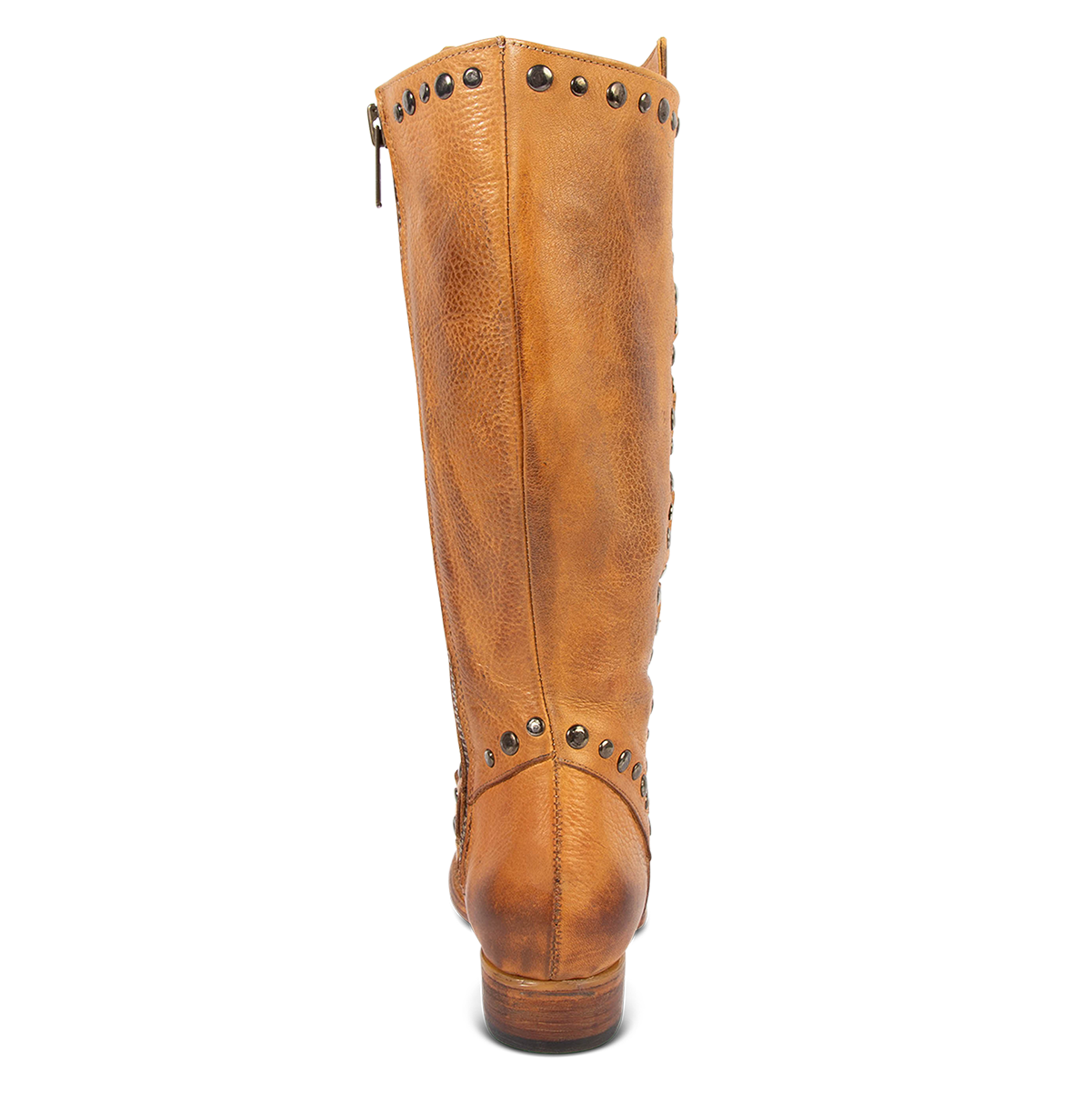 Back view showing low block heel and studded detailing on FREEBIRD women's Rory wheat leather boot