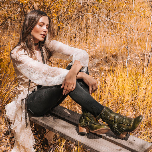 Freebird women's ROWDY green leather bootie with leather overlay details, stud embellishments and a mid sized heel lifestyle