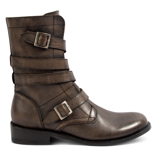 FREEBIRD men's Rumble black distressed leather boot with adjustable leather straps, a working brass zipper and stacked heel