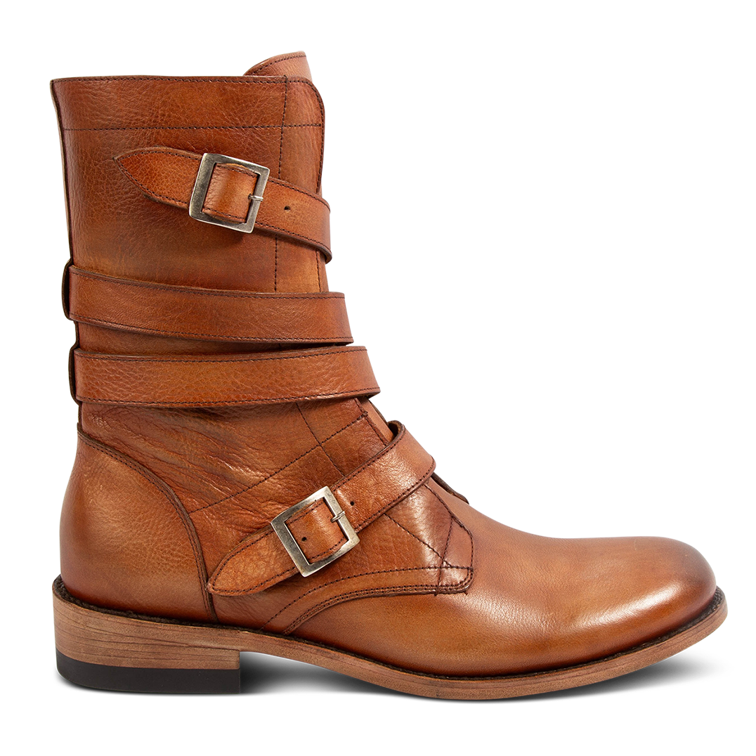 FREEBIRD men's Rumble whiskey leather boot with adjustable leather straps, a working brass zipper and stacked heel