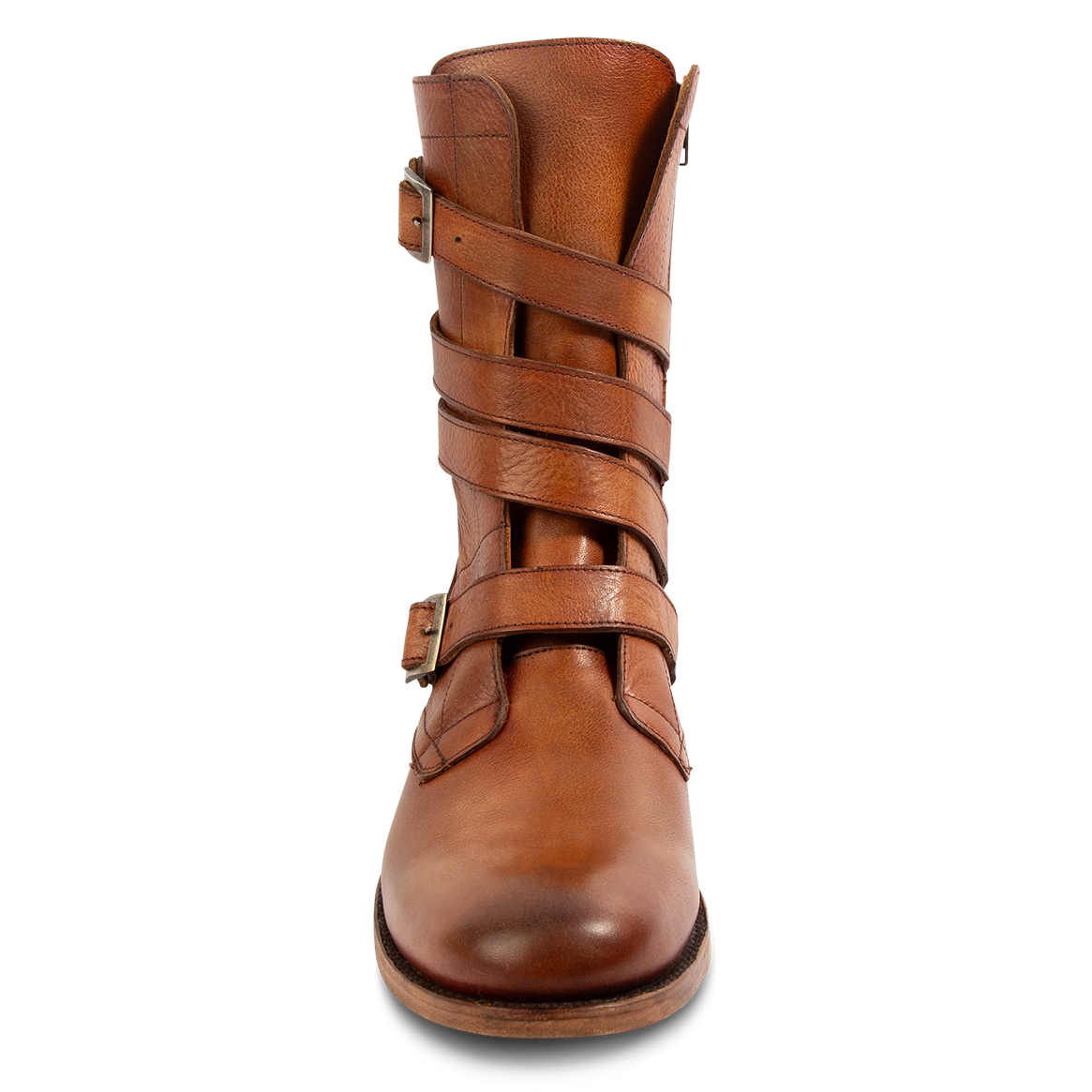 Front view showing FREEBIRD men's Rumble whiskey leather boot with a rounded toe and adjustable shaft straps