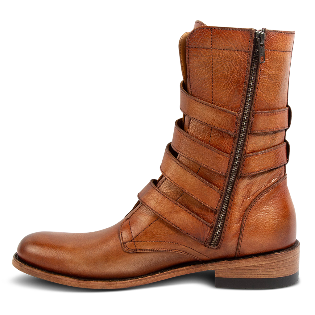 Inside view showing a working brass zipper, stacked heel and adjustable leather straps on FREEBIRD men's Rumble whiskey leather boot