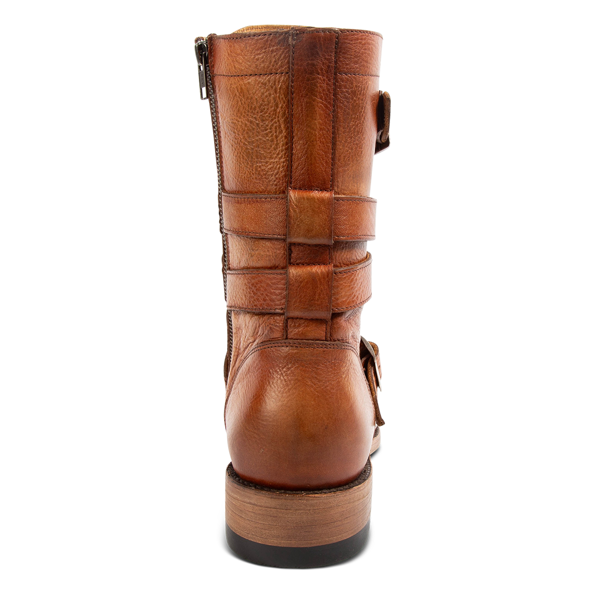 Back view showing a stacked heel on FREEBIRD men's Rumble whiskey leather boot