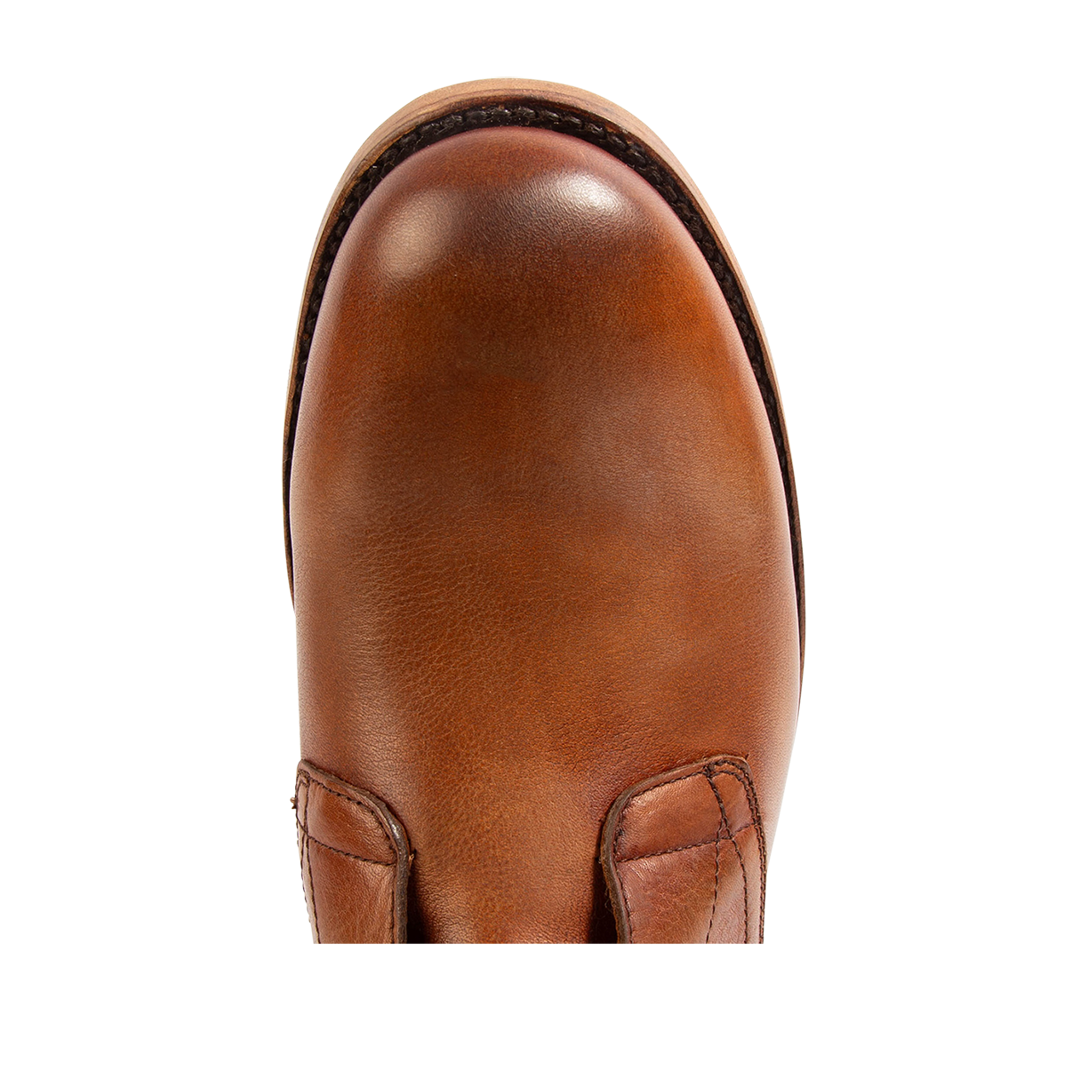 Top view showing a rounded toe on FREEBIRD men's Rumble whiskey leather boot