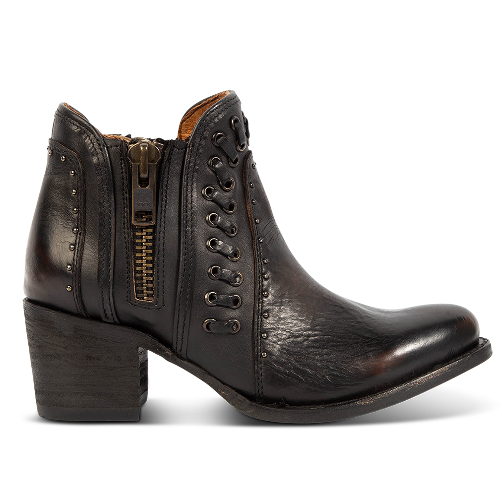FREEBIRD women's Ryder black leather bootie with inside zip closures, eyelet whip stitch leather detailing and an almond toe.
