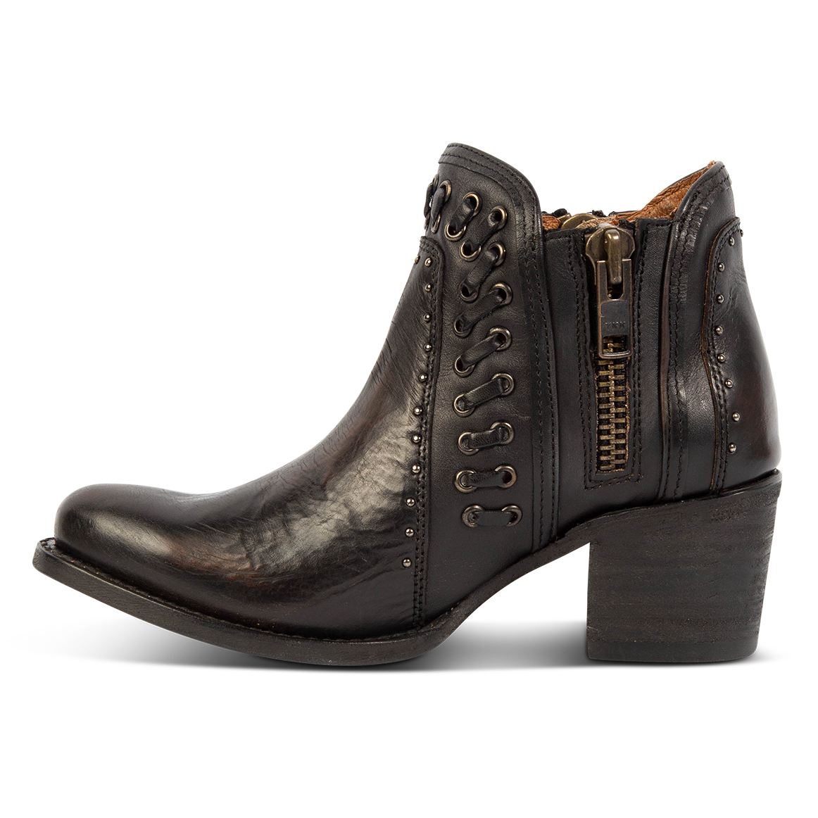 Inside view showing women's Ryder black leather bootie with inside zip closures, eyelet whip stitch leather detailing and an almond toe.
