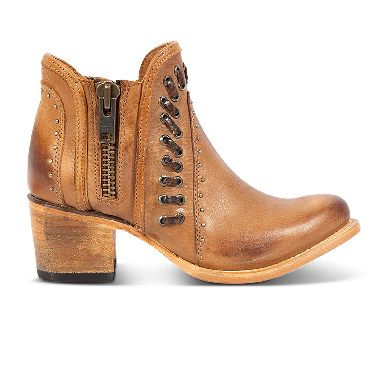 FREEBIRD women's Ryder wheat leather bootie with inside zip closures, eyelet whip stitch leather detailing and an almond toe.