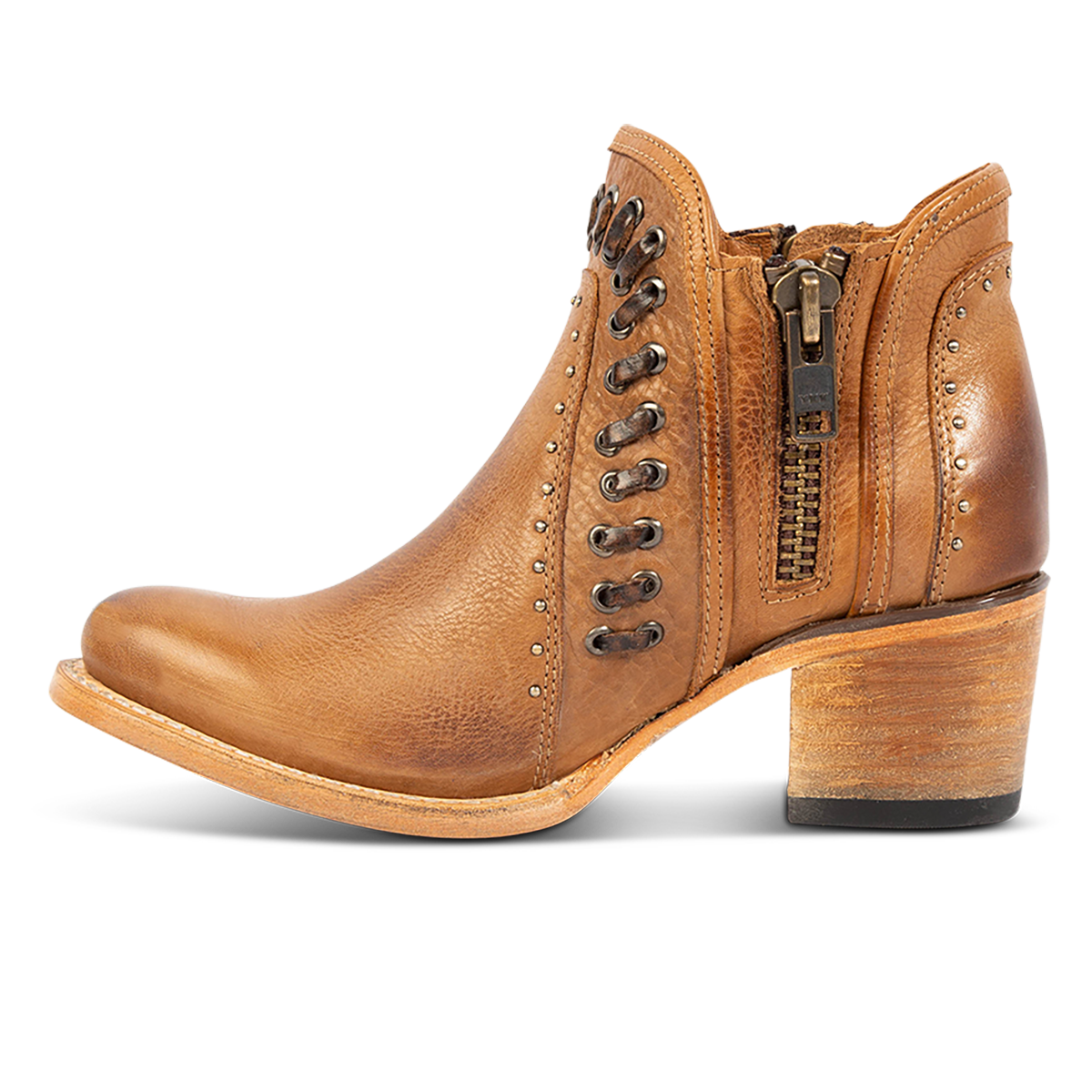 Inside view showing women's Ryder wheat leather bootie with inside zip closures, eyelet whip stitch leather detailing and an almond toe.