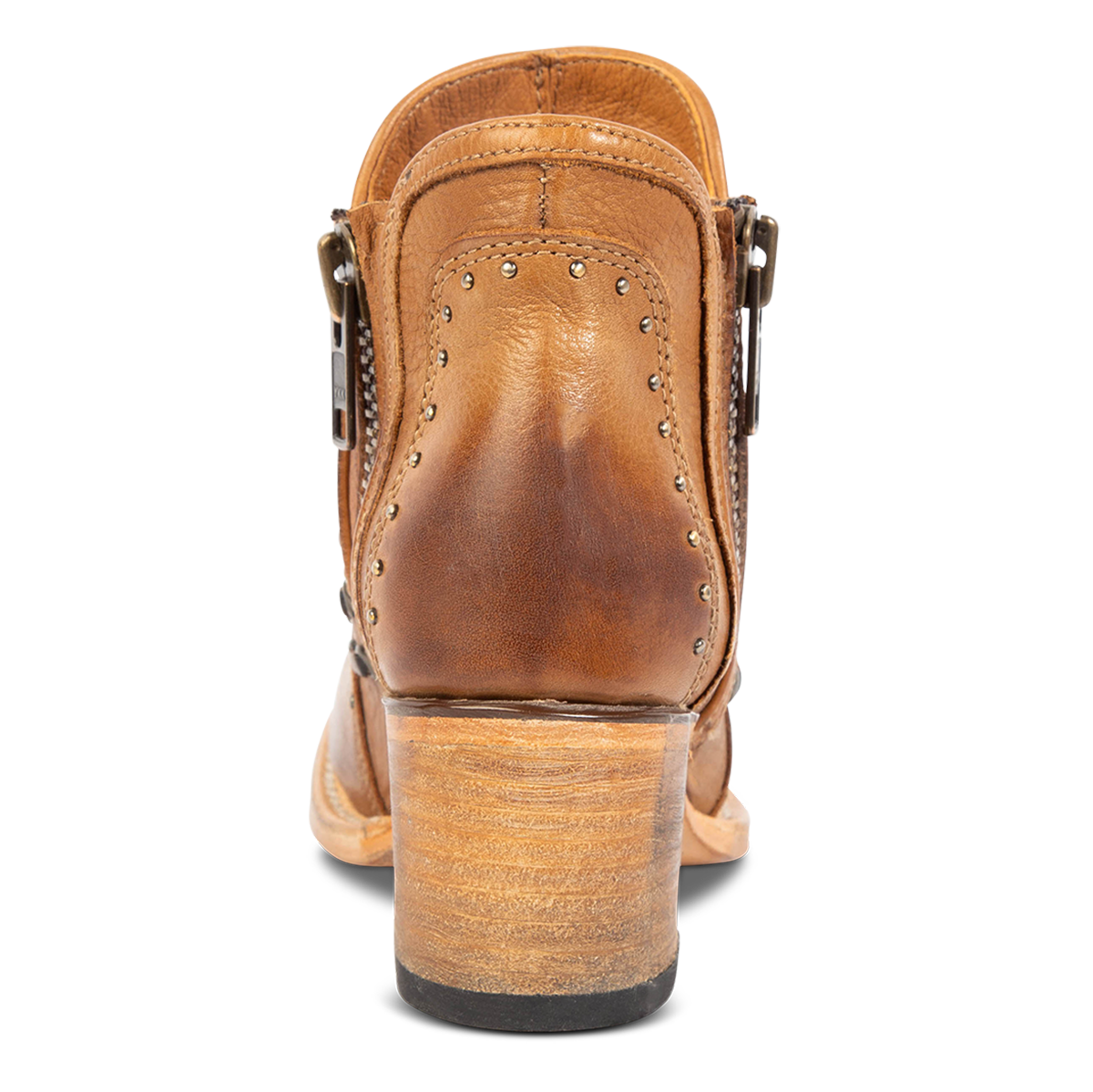 Back view showing studded detail and block heel on FREEBIRD women's wheat leather Ryder bootie