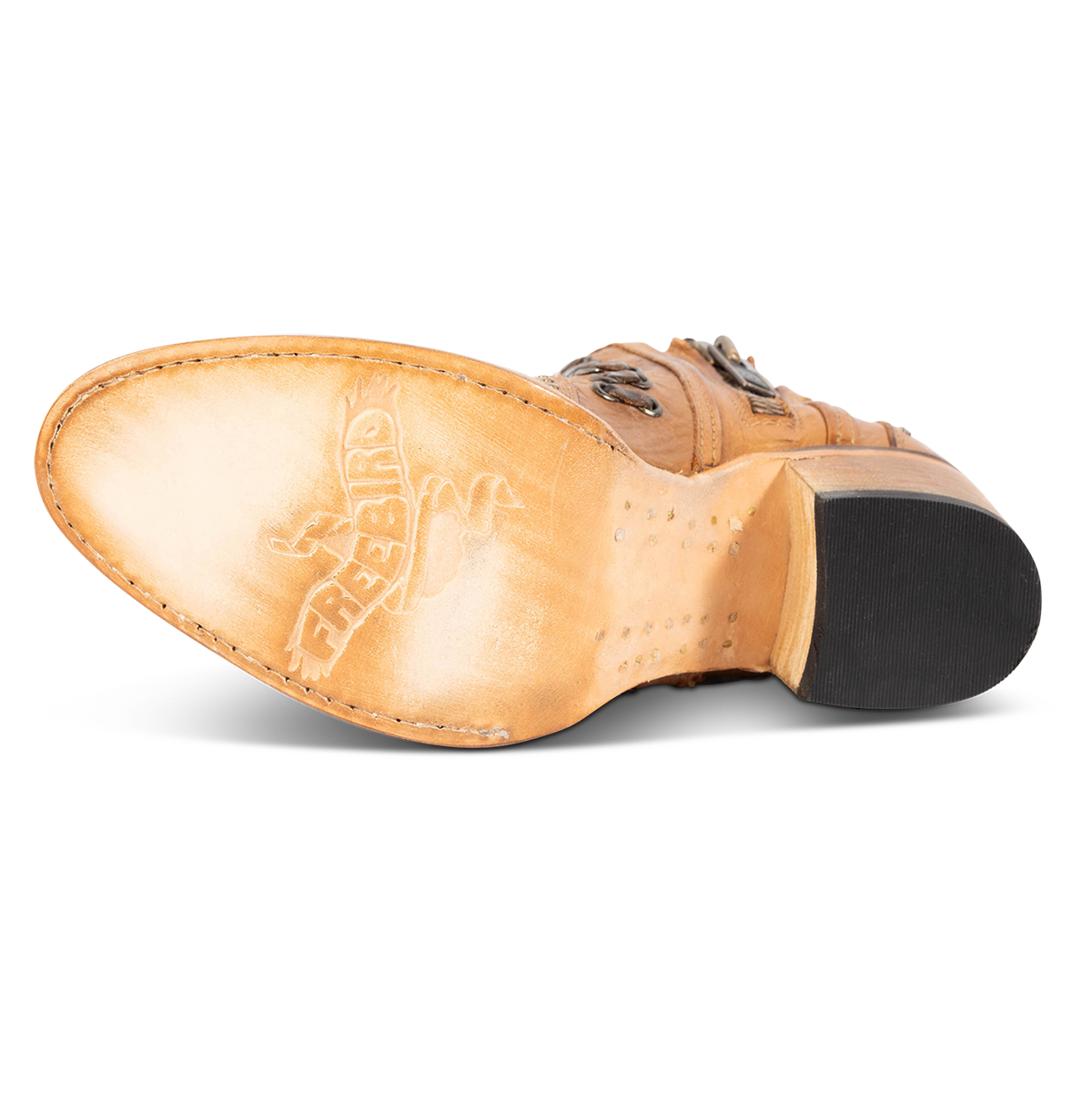 Leather sole imprinted with FREEBIRD on women's Ryder wheat leather bootie