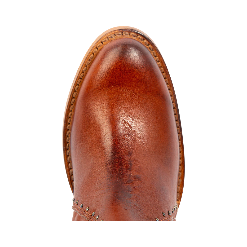 Top view showing almond toe on FREEBIRD women's Ryder whiskey leather bootie
