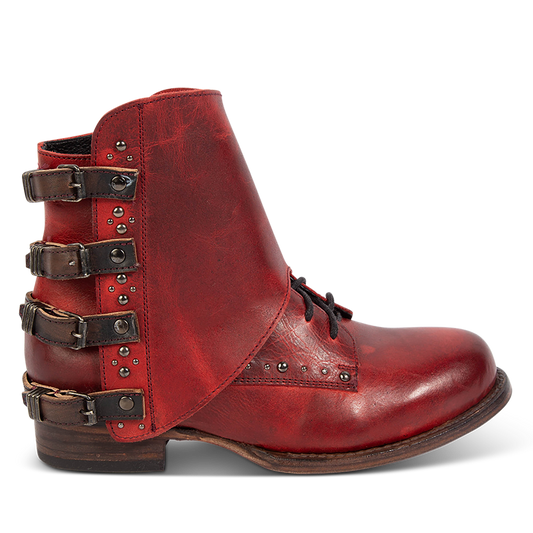 FREEBIRD women's Rynn red leather bootie with a protective leather overlay, front tie lacing and side snap closures