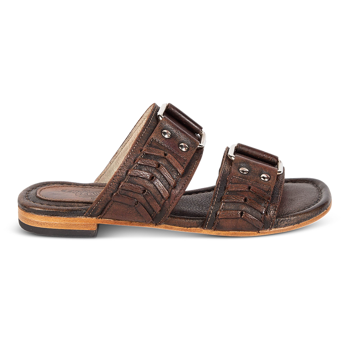 FREEBIRD women's Sage black low heeled slip-on sandal featuring double foot strap with metal accents