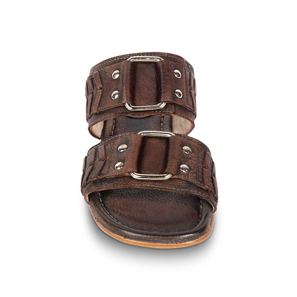Front view showing FREEBIRD metal accent detailed foot straps on women's Sage black low heeled slip-on sandal