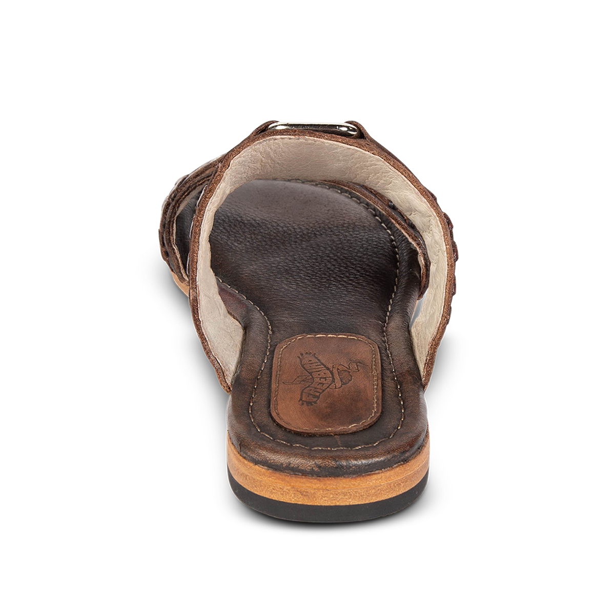 Back view showing FREEBIRD low heel on women's Sage black slip-on sandal