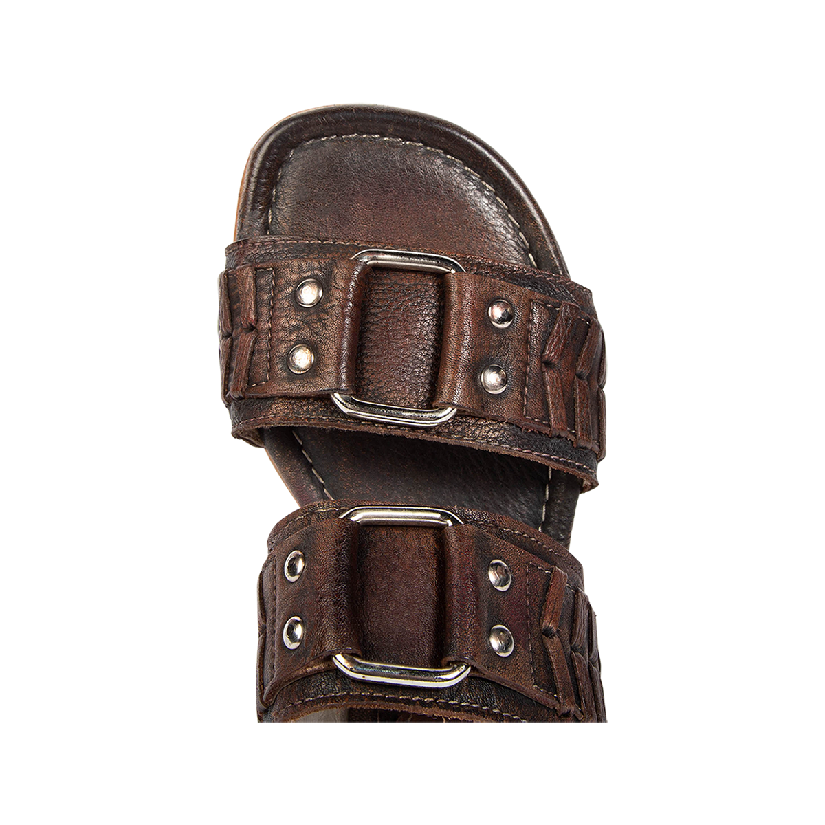 Top view showing metal embellished double foot straps on FREEBIRD women's Sage black low heeled slip-on sandal