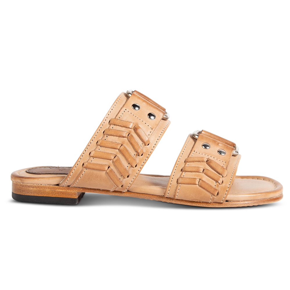 FREEBIRD women's Sage camel low heeled slip-on sandal featuring double foot strap with metal accents