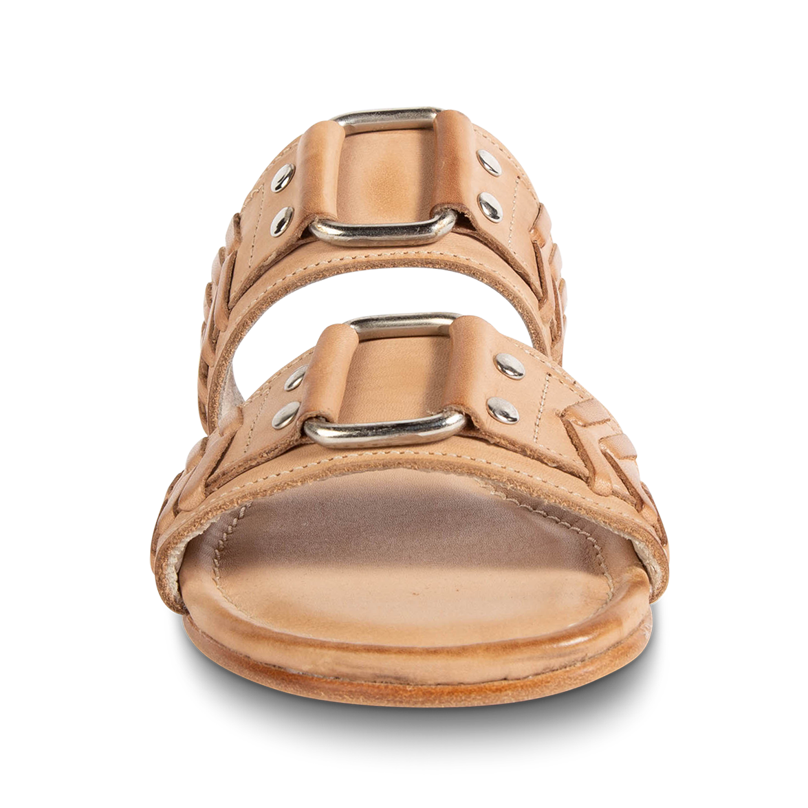 Front view showing FREEBIRD metal accent detailed foot straps on women's Sage camel low heeled slip-on sandal