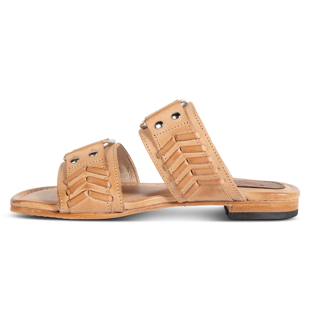 Inside view showing FREEBIRD woven leather detailed foot straps on women's Sage camel low heeled slip-on sandal