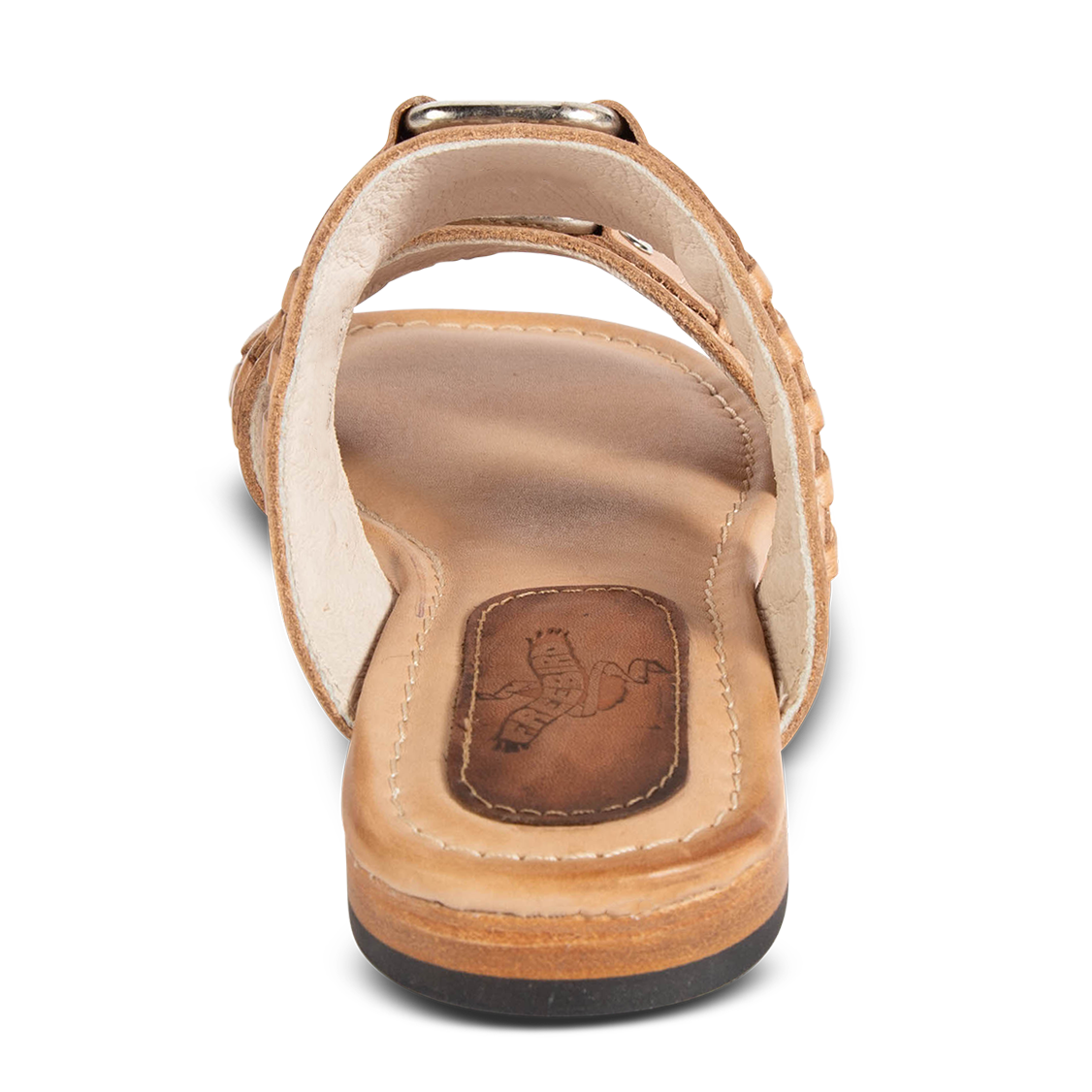 Back view showing FREEBIRD low heel on women's Sage camel slip-on sandal