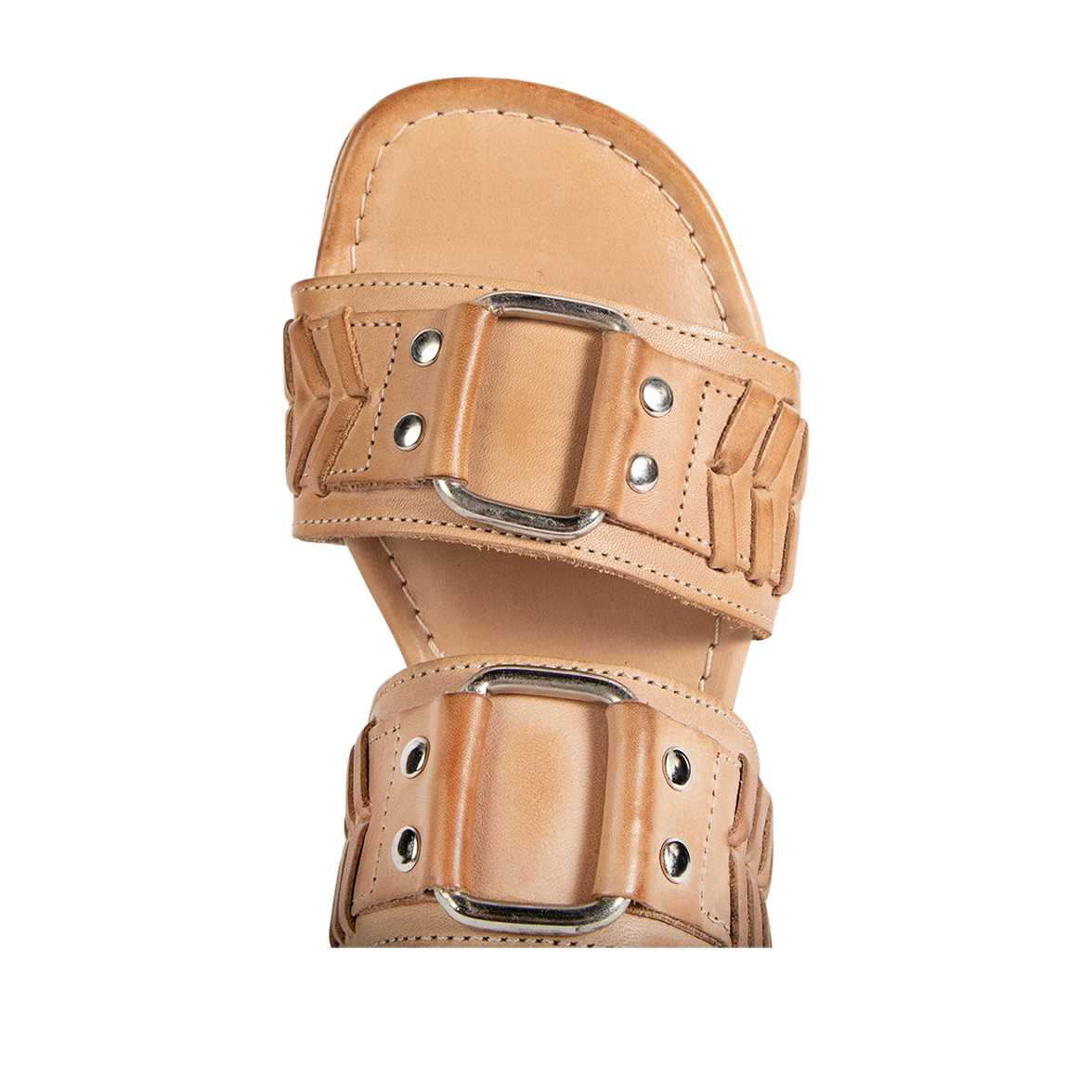 Top view showing metal embellished double foot straps on FREEBIRD women's Sage camel low heeled slip-on sandal