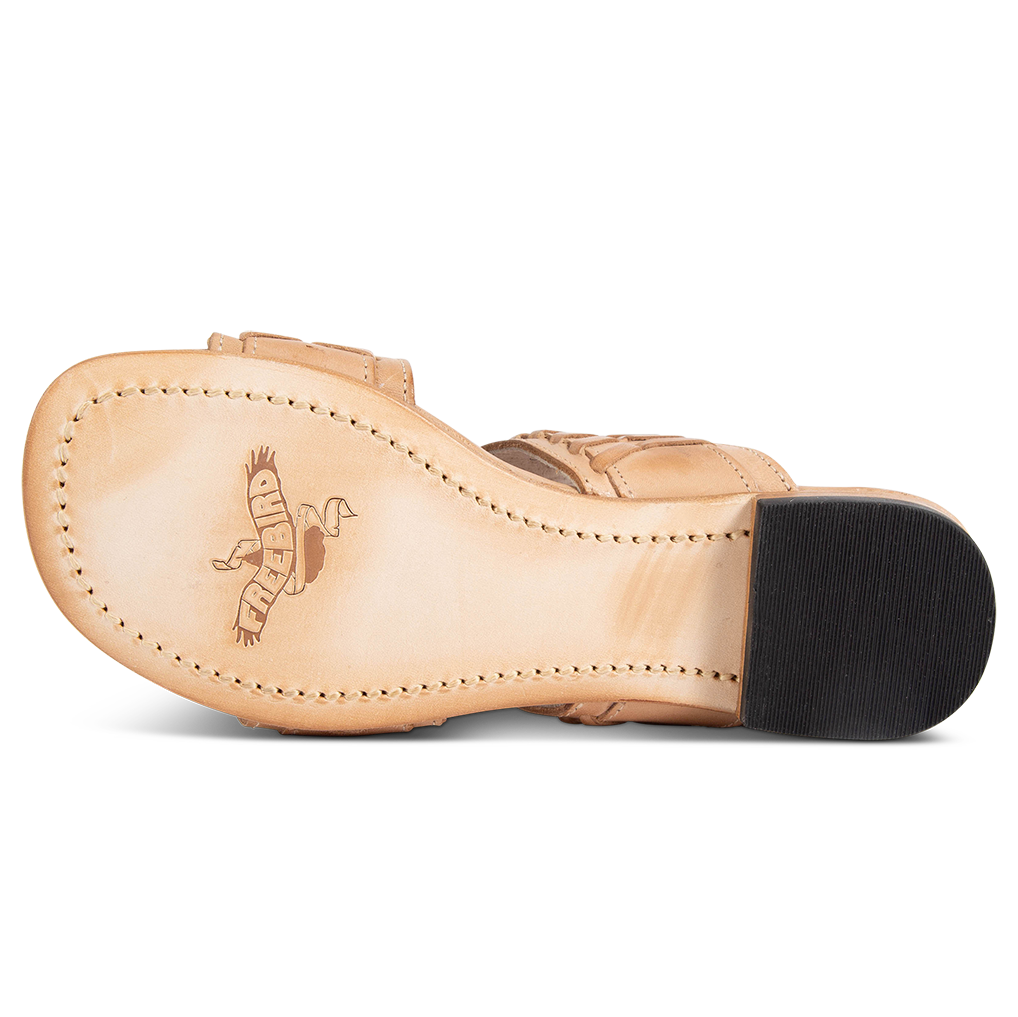 Leather sole on FREEBIRD women's Sage camel low heeled slip-on sandal