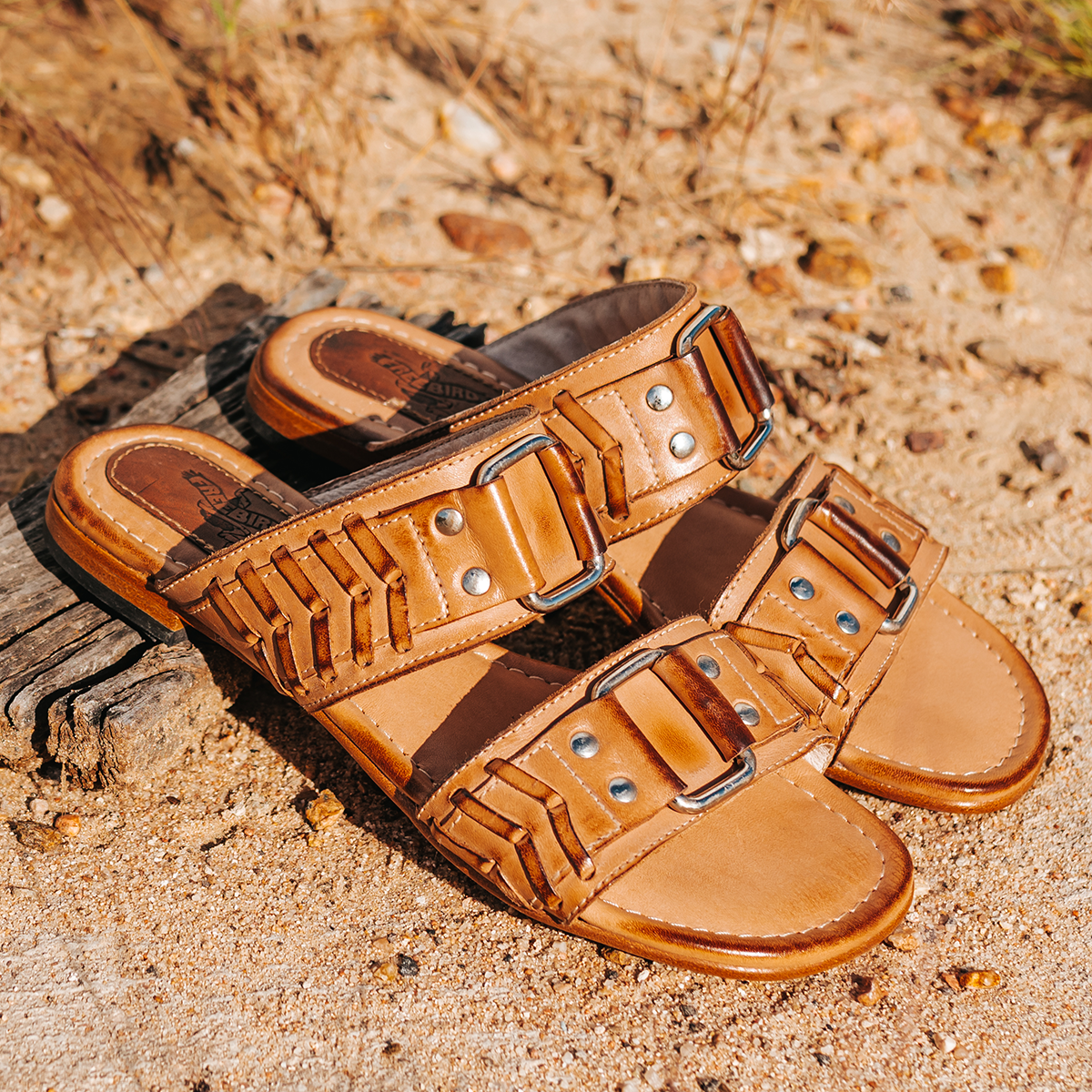 FREEBIRD women's Sage camel low heeled slip-on sandal featuring double foot strap with metal accents