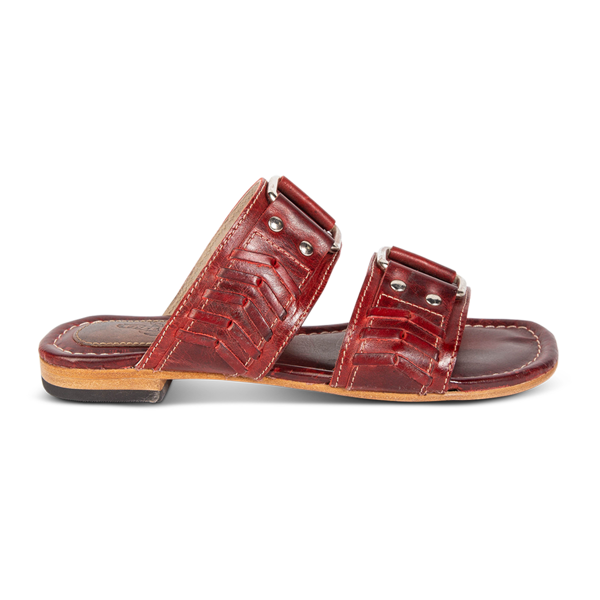 FREEBIRD women's Sage red low heeled slip-on sandal featuring double foot strap with metal accents