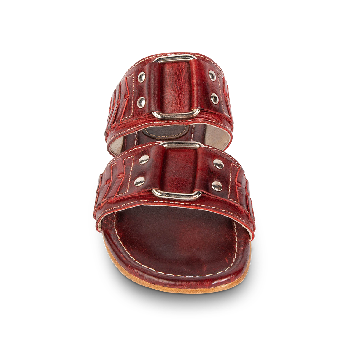 Front view showing FREEBIRD metal accent detailed foot straps on women's Sage red low heeled slip-on sandal