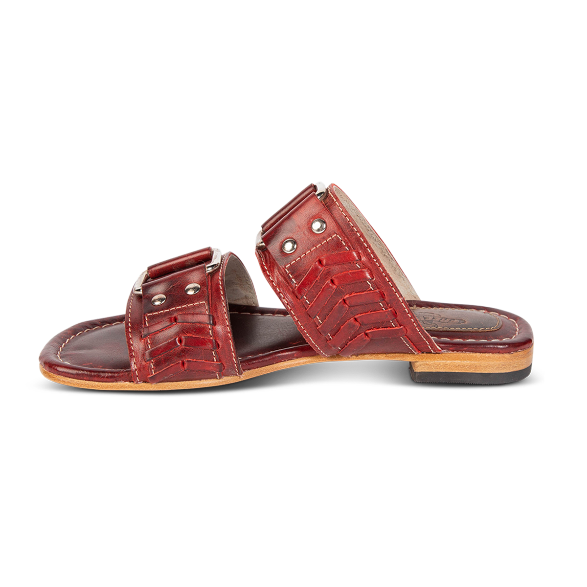 Inside view showing FREEBIRD woven leather detailed foot straps on women's Sage red low heeled slip-on sandal