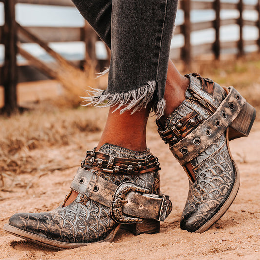 FREEBIRD women’s Saloon graphite multi front cutout bootie with embellished belts and side western buckle