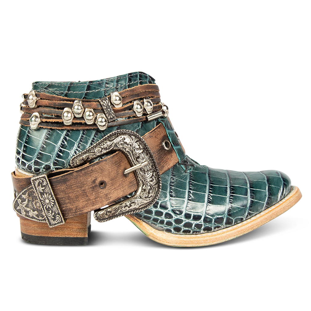 FREEBIRD women’s Saloon turquoise croco leather front cutout bootie with embellished belts and side western buckle