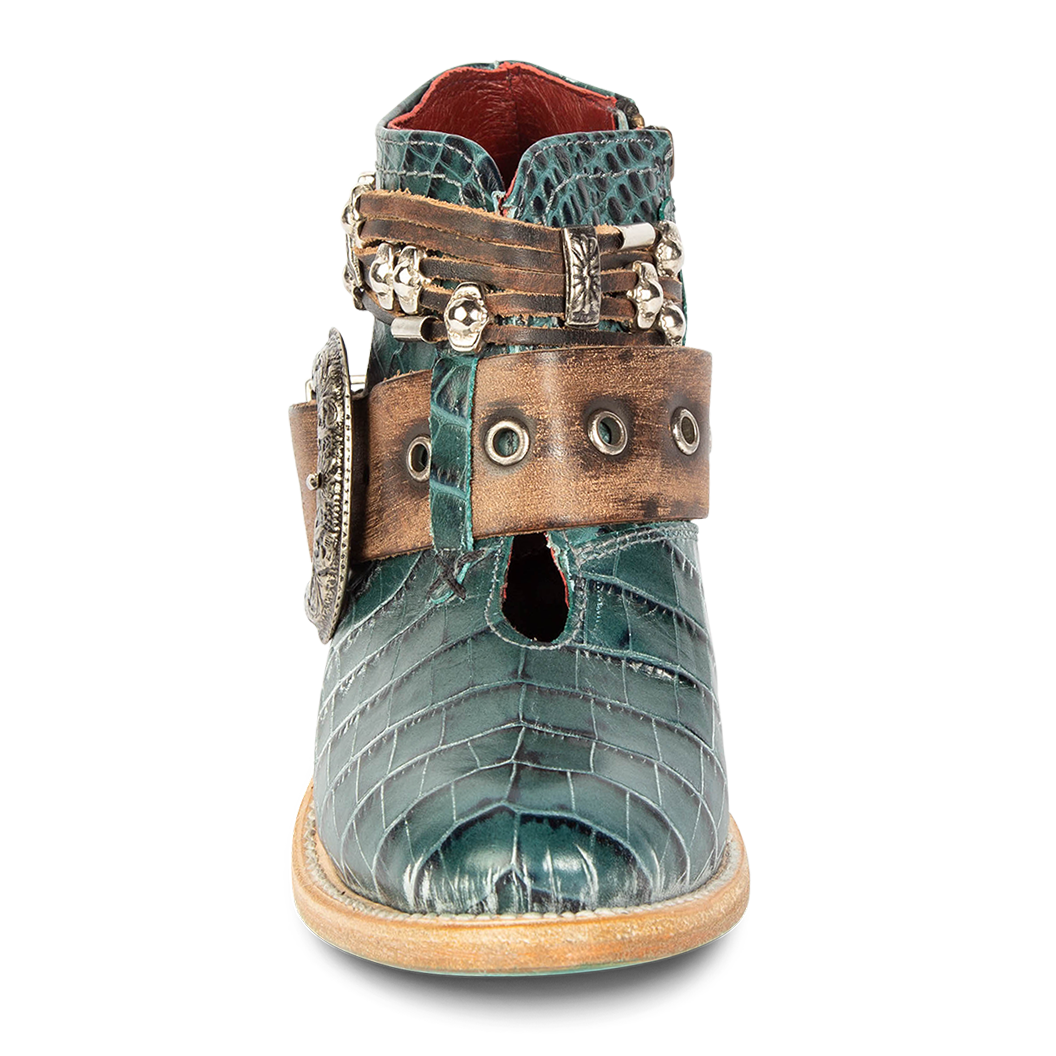 Front view showing front cut-out and embellished western belts on FREEBIRD women's Saloon turquoise croco bootie