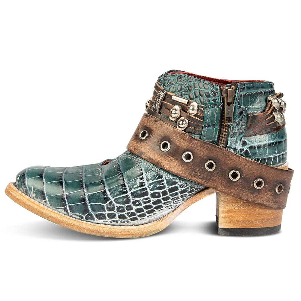 Inside view showing working brass zip closure and embellished western belts on FREEBIRD women's Saloon turquoise croco bootie