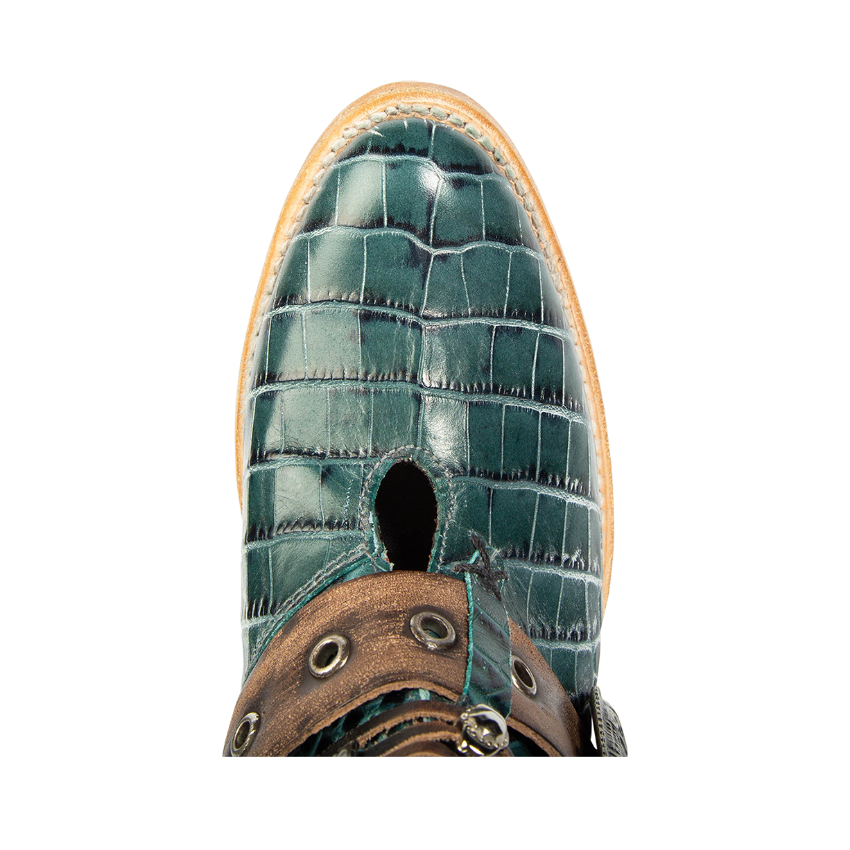 Top view showing almond toe on FREEBIRD women's Saloon turquoise croco bootie