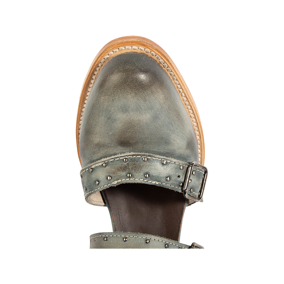 Top view showing an almond toe and embellishments on FREEBIRD women's Salty blue leather bootie