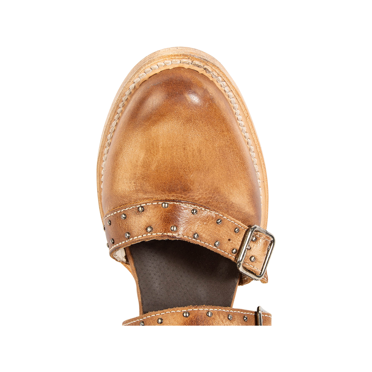 Top view showing an almond toe and embellishments on FREEBIRD women's Salty wheat leather bootie