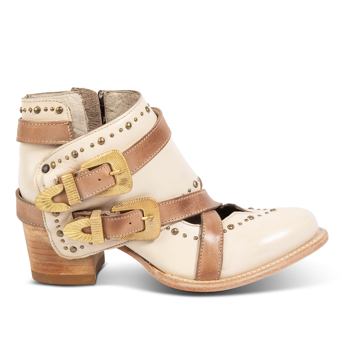 FREEBIRD women's Samantha beige bootie with stud detailing, contrasting straps with gold hardware, and inside zip closure 