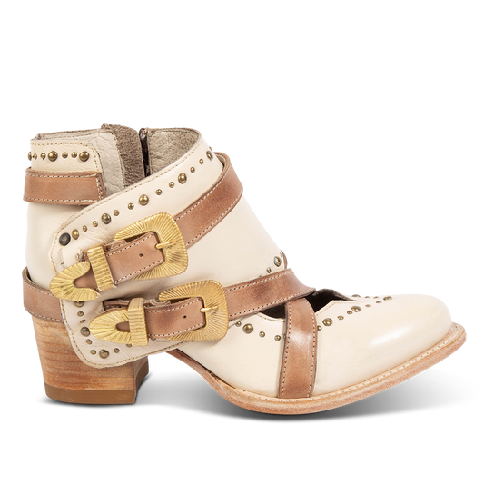FREEBIRD women's Samantha beige bootie with stud detailing, contrasting straps with gold hardware, and inside zip closure 