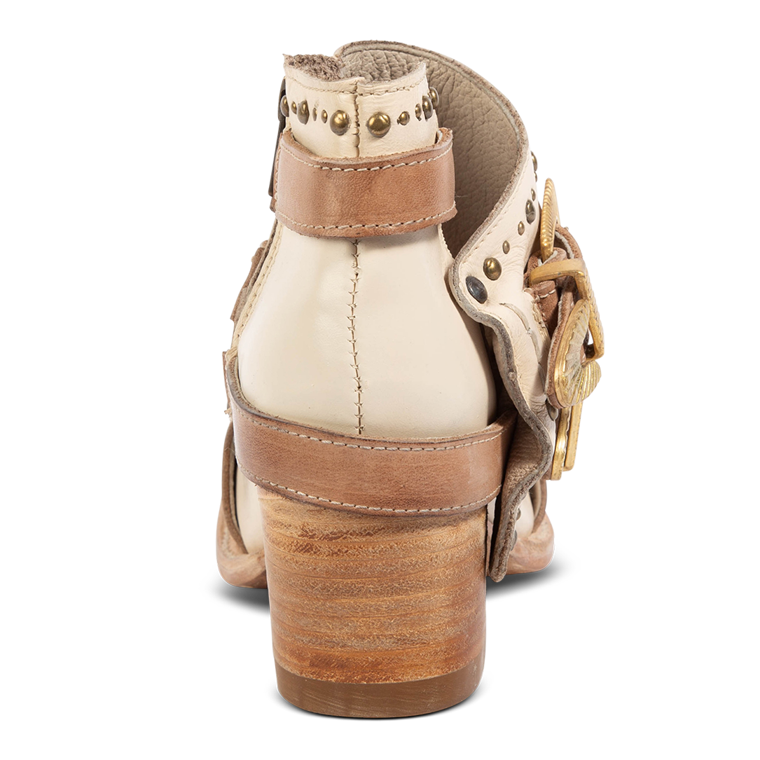 Back view showing low shaft, contrasting leather straps and stud detailing on FREEBIRD women's Samantha beige bootie