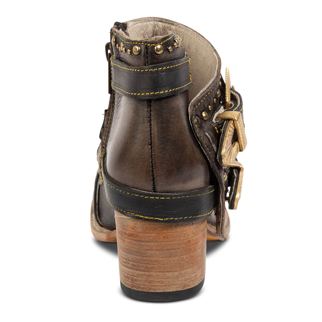 Back view showing low shaft, contrasting leather straps and stud detailing on FREEBIRD women's Samantha black bootie