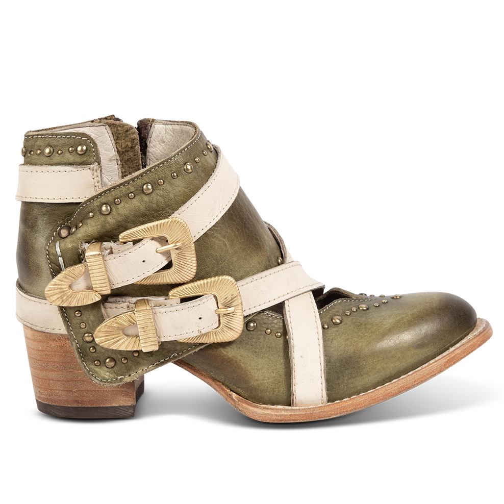 FREEBIRD women's Samantha green bootie with stud detailing, contrasting straps with gold hardware, and inside zip closure 