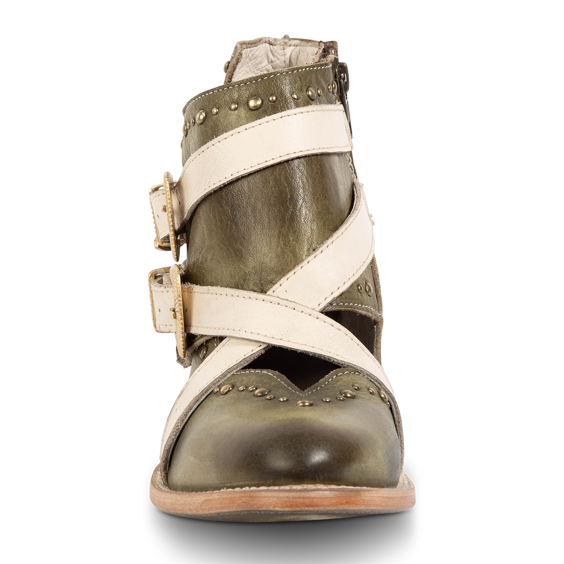 Front view showing contrasting leather straps and stud detailing on FREEBIRD women's Samantha green low heeled bootie 