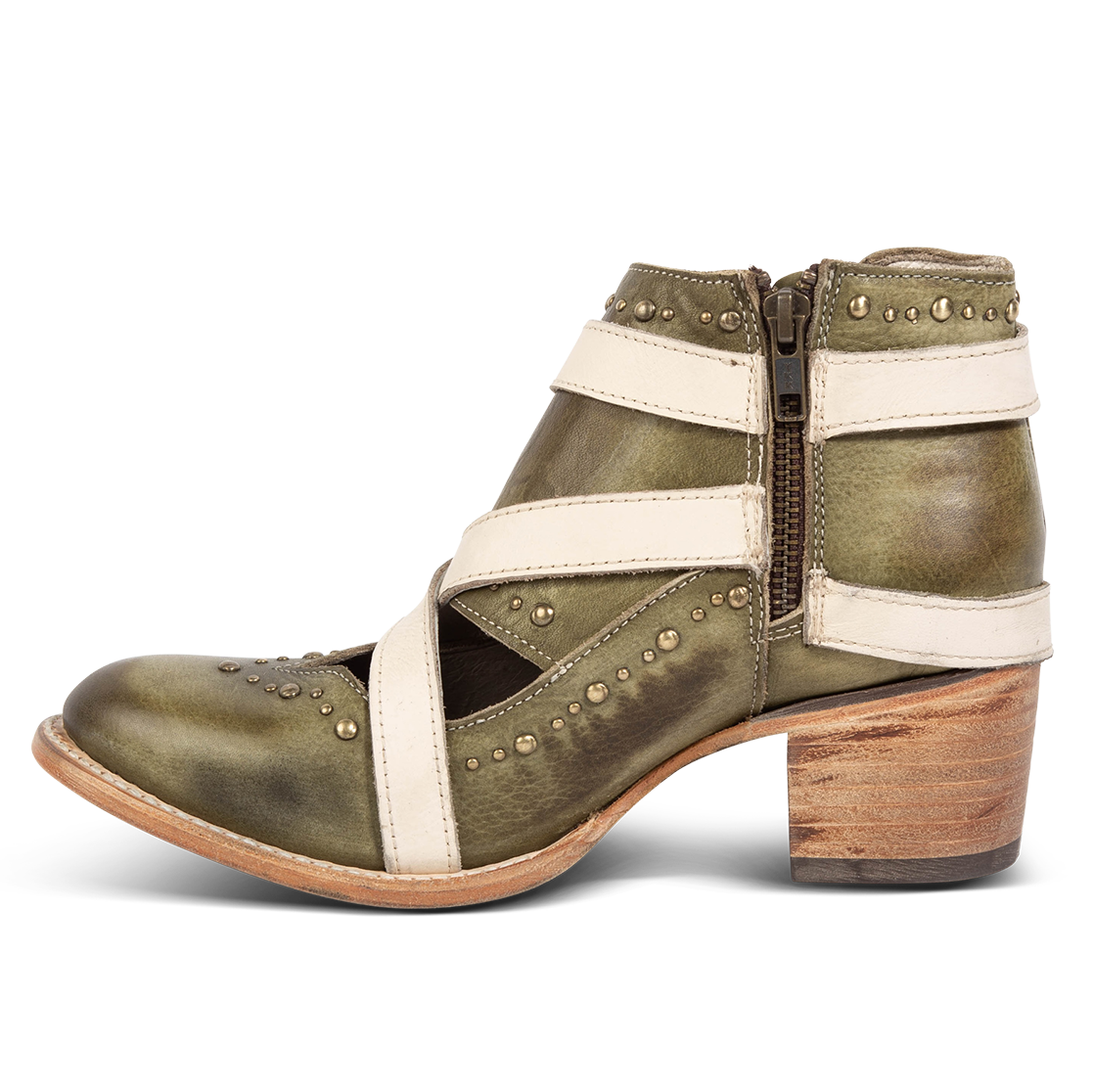 Side view showing low heel and working brass zip closure on FREEBIRD women's Samantha green bootie