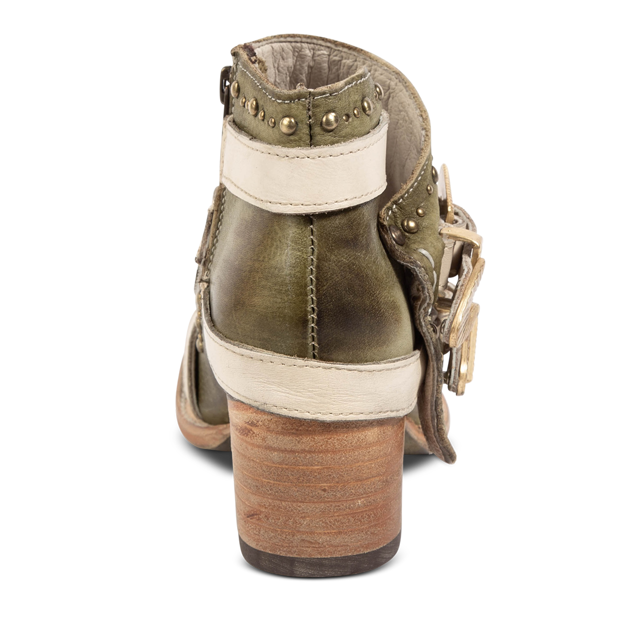 Back view showing low shaft, contrasting leather straps and stud detailing on FREEBIRD women's Samantha green bootie